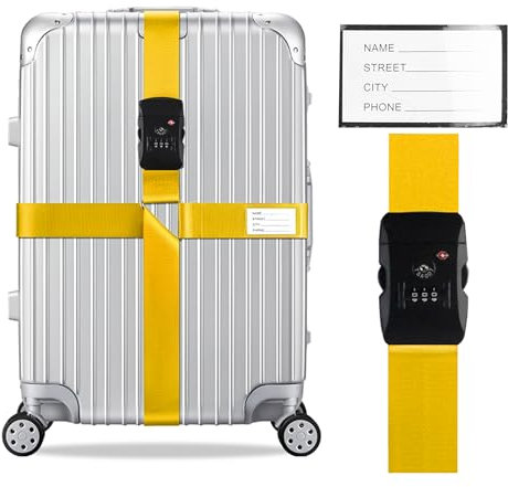 Veki Kreuz Gepäckgurte Kofferband Gurt TSA-Genehmigt mit Schloss Verstellbare Reisekoffergurte Koffergurt mit Namensausweis Packgurte für Koffer (Gelb, 1 Stück)