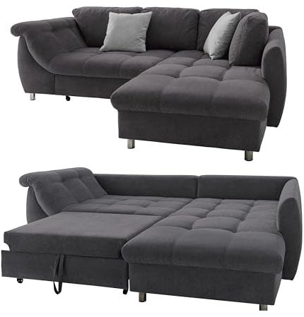 Ecksofa mit ausziehbarer Schlaffunktion 250x190 cm, Wellenunterfederung und Komfortschaum, Longchair Ottomane rechts, Bezug Mikrofaser in Anthrazit, 2 Zierkissen Grau / 17007