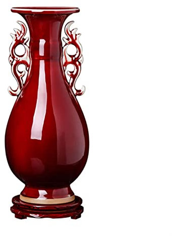 Grand vase chinois en céramique rouge antique avec double oreilles 40,6 cm pour décoration de bureau ou de bureau