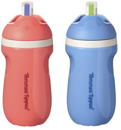 Tommee Tippee Insulated Sporty Spill-Proof Straw Cup, 12 Months+, 9oz, Toddler Training Sippy Cup, Sporty Carry Handle, Bite Resistant Spout, Flip Lid Keeps Straw Clean, Pack of 2, Blue and Red