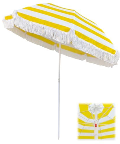 Yellow Striped Beach Parasol with Fringe UV50+ Protection 180cm Patio Umbrella with Tilt for Outdoor Use Waterproof Garden Table Umbrella for Lawn and Deck