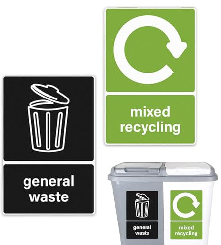 Bin Stickers, Recycling Stickers for Bin, Self Adhesive Recycling Bin Stickers, Bin Labels, General Waste and Mixed Recycling Sticker, 120mm x 160mm Pack of 2