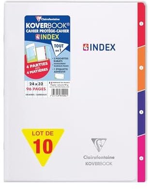 Clairefontaine 981494Cpack Lot de 10 Cahiers Agrafés Koverbook 4 INDEX - 24x32 cm - 96 Pages Grands Carreaux - Papier Blanc 90 g - Couverture Polypro Transparent