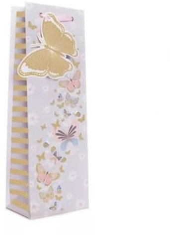 Butterfly Gift Bag for Wine Bottles, Gold and Pink Design, Pack of 6 with Tags