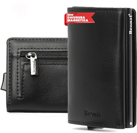 Bronzi® Portafoglio Uomo Slim Piccolo | Portacarte Uomo Donna Portatessere Porta Carte Di Credito | Portafogli Mini Protezione (𝐌𝐀𝐆𝐍𝐄𝐓𝐈𝐂 𝐍𝐄𝐑𝐎)
