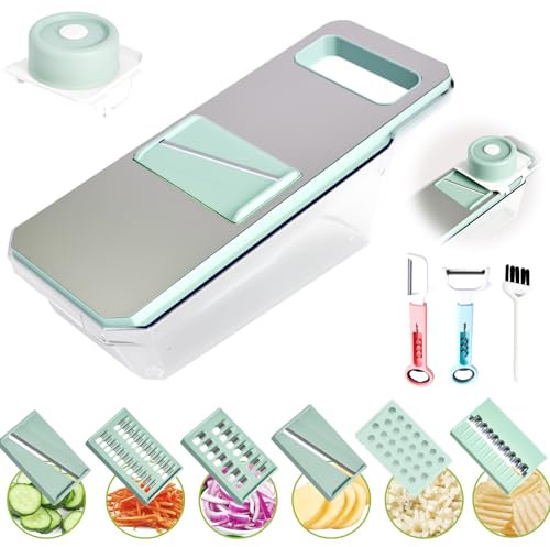 Chovbe Gemüsehobel Multifunktional – 6 Klingen Gemüseschneider mit Khaki Grün, Gemüsereibe mit Schutzhandschuh, Khaki Grün, Abtropfkorb, Reinigungsbürste, 2x Schäler für Küche