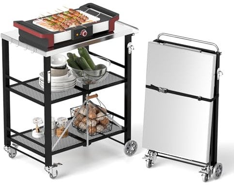 YORKING Foldable Outdoor Grill Cart, 3 Tier Stainless Steel Kitchen Cart with 2 Lock Wheels, Moveable BBQ Table Kitchen Island with Bottle Opener, Tool Hooks, for Home Party, Bar, Camping, Black