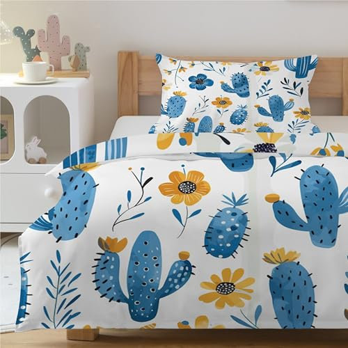 CCZM Kaktus Bettwäsche 135x200 - Blumen Bettbezug 135 x 200 - Anlage Blauer Kaktus Wendebettwäsche und 2 Kissenbezug 80x80, Warm Mikrofaser Bettwäsche-Sets mit Reißverschluss, N-678