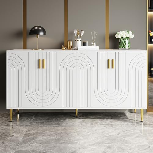 Merax White Sideboard Modern Storage Cabinet 152 x 40 x 75 cm with Wave Design,Golden Handles & Feet, Multifunctional 4-Compartment Storage, Anti-Tip Device, for Dining Room & Living Room