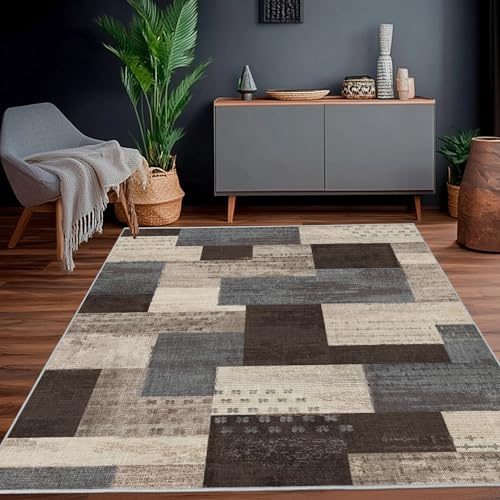 Calinline Großer Patchwork Wohnzimmer Teppich, Blau-Taupe 200x230 cm | Waschbar Wohnzimmerteppich, Kurzflor Gegend Teppich Wohnzimmer, Rutschfester Weich Teppiche für Esszimmer Küche Büro Läufer