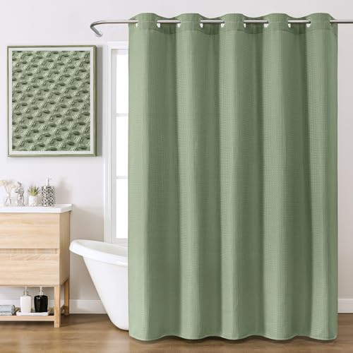 FY&XZH Waffelduschvorhang mit integrierten Haken und laminierter wasserdichter Rückseite. Verstärkter Stoff im Hotellook, maschinenwaschbar. 183 x 191 cm, Grün