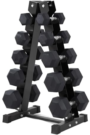 Hex Dumbbells Weight Set 5 Pairs (2.5kg–30kg) | Rubber Encased Cast Iron Dumbbells | Strength Training Equipment for Home Gym, Fitness & Workout (With Rack-Black, 2x(5+7.5+10+12.5+15)100Kg)