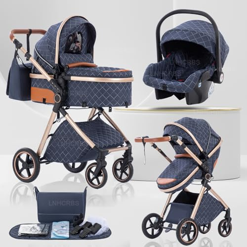 Lnhcrbs Kinderwagen 3 in 1 für Neugeborene, Reisesystem-Korb ist faltbar | Babywagen-Griff ist verstellbar, die Räder sind aus PU-Material, geeignet von Geburt bis 3 Jahre,Blau