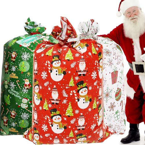 3 Pcs Jumbo Christmas Sacks, Extra Large Christmas Giant Gift Bags, 36x56 Inches - Xmas Huge Wrapping Sacks with Personalised Name Tag & Red Cotton Rope