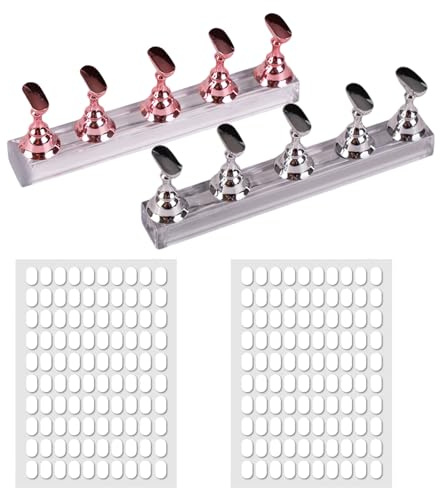 2 Sets Nail Stand 2 Sheets of 100PCS Double-sided Tape for Nail Support Nail Holder (Pink/Silver)