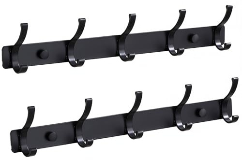 AmzDaKai 2 Pack Coat Racks Wall Mounted, Coat Hooks Hanger Wall Double Hook, Heavy Duty Rust-Proof Coat Rack Robes, Clothes, Bags, Hat, Bathroom, Bedroom, Kitchen (Black)