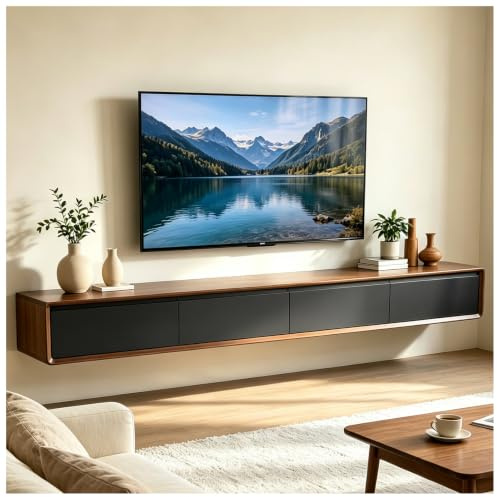 JUNFUNNLE TV Schrank 200cm, TV Lowboard Hängend mit 2 Schubladen 2 KlappenTüren, TV Board Hängend, TV Sideboard Wohnzimmer, TV Tisch für Wohnzimmer und Esszimmer