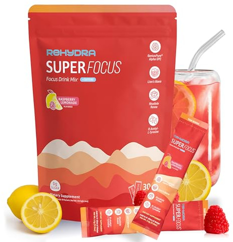 Rehydra Superfocus Nootropic Energy Drink Powder for Energy, Focus & Mental Clarity, with Lion’s Mane, Alpha GPC & Rhodiola, Zero Sugar, 30 Servings