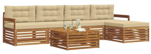 vidaXL Outdoor-Sofagarnitur mit Kissen 6 pcs Natur und Beige, Outdoor Sofa, modernes Gartenmöbel für Terrasse, gemütliches Sitzset, robust und stilvoll