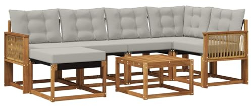 vidaXL Outdoor-Sofagarnitur mit Kissen 7 pcs Natürlich und Hellgrau, Garten-Sofa-Set, Moderne Outdoor-Möbel, Elegante Patiositzgelegenheiten, robuste Textilene-Sofas