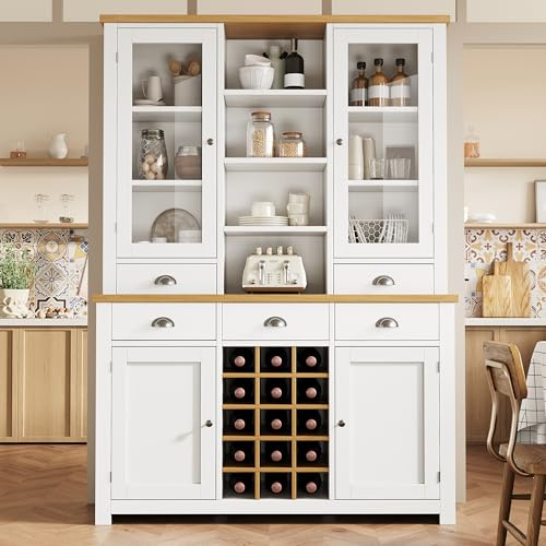 DHHU Buffet Cuisine, 185 cm Haut Armoire de Cuisine avec Porte Verre à Vin, 5 tiroirs et 4 Portes, Casier à Bouteilles Amovible, Étagères Réglables, Meuble de Rangement pour Cuisine (Blanc-21W)