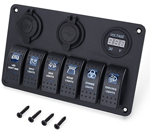 Interrupteur à Bascule Panneau, 6 Gang DC 12V / 24V Circuit LED Etanche de Voiture Bateau Marine avec 6 Interrupteur à Bascule Fusible de Surcharge avec USB Rechargeable (6 Interrupteurs)