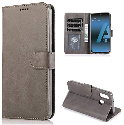 CTIUYA Schutzhülle für Samsung Galaxy A40, Hülle Handyhülle Leder Klapphülle Handytasche Flip Brieftasche Schutzhülle Magnet Wallet Case Tasche Lederhülle für Samsung Galaxy A40,Grau