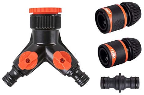 Ferm 2-Wege-Wasserverteiler - Inklusive 2 Schlauchkupplungen, Verlängerungskupplung und Reduzierring für den Krananschluss