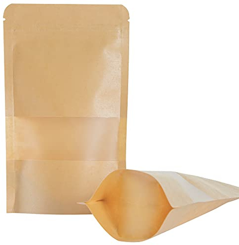 LZLPACKING Kraft Stand Up Pouches 100 Pcs,Brown Resealable Bags with Window for Home or Business,Coffee,Food Storage Bags,Sealable Bags for Packaging(15 * 22cm/5.9×8.6inch)