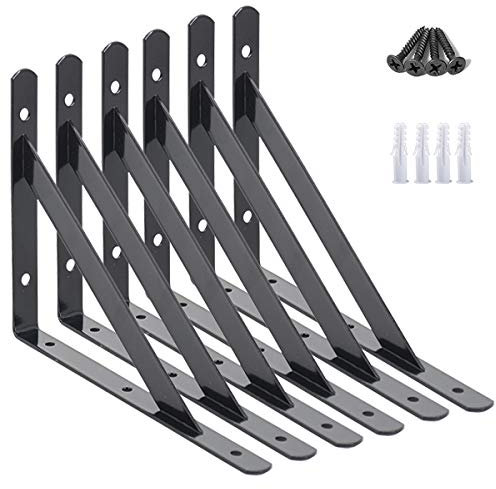AddGrace Shelf Brackets Heavy Duty Triangle Shelving Brackets 200x120mm Wall Mounted Metal Right Angle Shelf Support Screws Include (200x120mm/8x4.7inch) Black 6 Pack