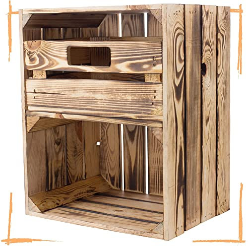Obstkisten-Online Vintage Holzkisten im Obstkisten Apfelkisten Style Deko mit Weinkisten Geflammt/Weiß/Natur/Schwarz/Grau 50x40x30cm Schublade Zwischenboden (Geflammt hochkant Schublade)