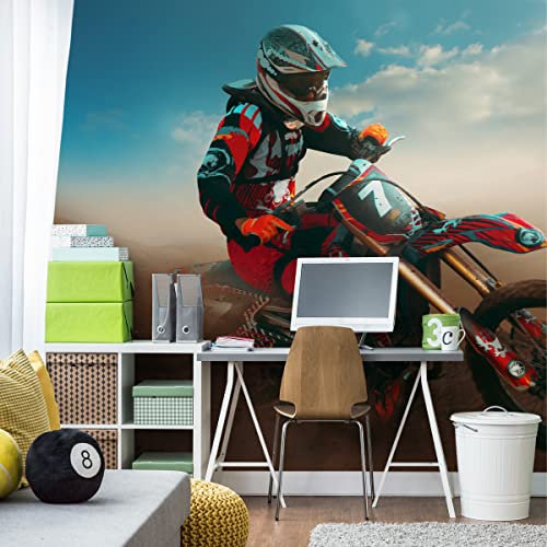 Wallepic WTD Papier peint photo non tissé Motif désert et moto 360 x 240 cm XXL Sport Course 3D Salon Chambre Bureau couloir Multicolore abstrait 360 x 240 cm
