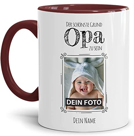 Tasse mit Spruch - Der schönste Grund Opa zu sein - Personalisierbare Keramiktasse mit Namen und Foto - Geschenk Opa - Innen & Henkel Weinrot, 300 ml