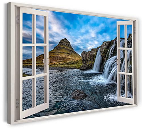 Printistico Bilder Fensterblick 120x80cm Baumwoll-Leinwand auf Keilrahmen mit Aufhänger moderner Kunstdruck XXL Wandbilder Wand-Dekoration Wasserfall Berge See Natur Landschaft - Natur-Fotografie