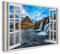 Printistico Bilder Fensterblick 120x80cm Baumwoll-Leinwand auf Keilrahmen mit Aufhänger moderner Kunstdruck XXL Wandbilder Wand-Dekoration Wasserfall Berge See Natur Landschaft - Natur-Fotografie