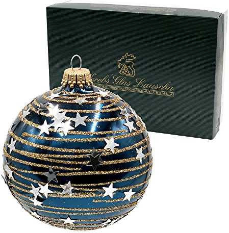 Dekohelden24 Lauschaer Christbaumschmuck - 6er Set Glaskugeln in Kobaltblau, mundgeblasen und handdekoriert mit Sternenhimmel in Gold und Silber, mit Goldkrönchen, Größe Ø ca. 8 cm
