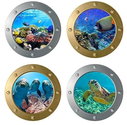 AINIUNIU 3D Wandtattoo Unterwasserwelt, 4 Stück 3D Sea Life Wandaufkleber Delfin U Boot Fenster Fliesenaufkleber, Wandsticker Badezimmer Bilder, fliesenaufkleber bad, Deko für Schlafzimmer Wohnzimmer