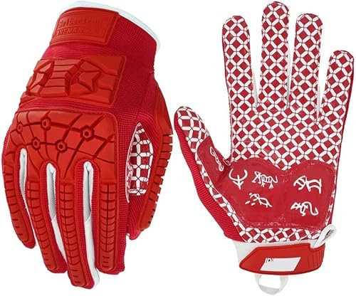 Seibertron Lineman/Linebacker Handschuhe 2.0 Padded Palm American Football Receiver Gloves, Flexibler TPR-Aufprallschutz Back of Hand Handschuhe Erwachsener Sizes Red XL