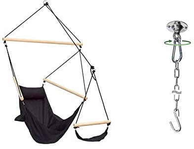 AMAZONAS Hängesessel Swinger Black mit Fußablage aus Rucksackstoff besonders stabil & Deckenhaken kugelgelagert Power Hook bis 200kg für Hängesessel inkl. Verlängerungskette 78 cm