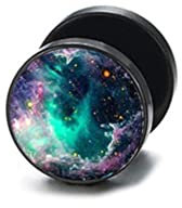 CHICNET Fake Piercing Plug Ohrring Edelstahl schwarz 10mm, Stab 1.2mm x 6mm, 16g Ohrstecker Männer Frauen bunt Blumen Weltall Galaxie Tier Auge Yin Yang Vegvisir Wikinger Kompass Weltall