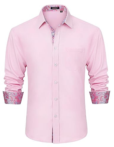 HISDERN Camicia Maniche Lunghe Uomo Slim Fit Casual Camicie Regolare Shirt Formale Camicia Rosa XL