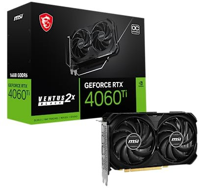 MSI Gaming GeForce RTX 4060 Ti 16GB GDRR6 Boost Clock: 2625 MHz 128-Bit HDMI/DP Nvlink TORX Fan 4.0 Ada Lovelace Architecture Tarjeta gráfica (RTX 4060 Ti Ventus 2X Negro 16G OC)