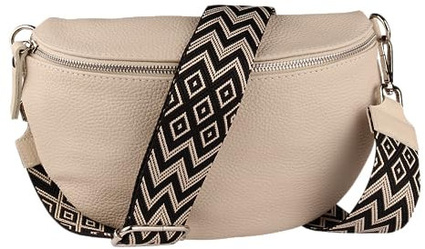 MIRROSI® Bauchtasche Damen, Echtleder, Made in Italy, Umhängetasche, Brusttasche, Crossbody Bag (1 Tasche & 2 Gurte) (Beige (Bohemian Beige Schwarz), Mittelgroße Tasche (25x16x7cm))