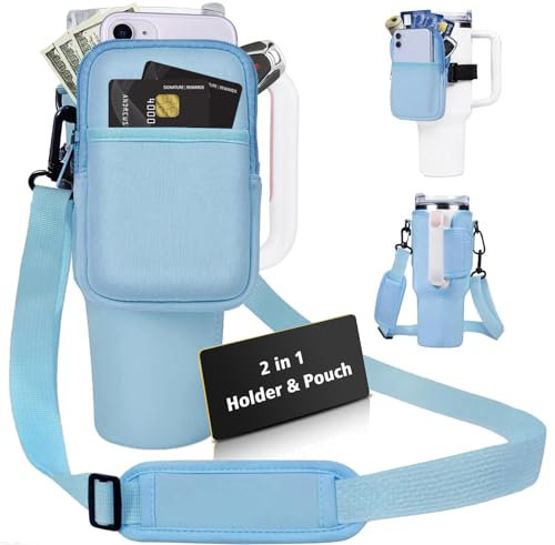 Royacon Borsa porta bottiglie d'acqua con tasca a sacchetto per bicchiere Stanley da 1134 g, portabicchieri in neoprene con cinturino regolabile e moschettone per accessori Stanley, Blu, all'aperto