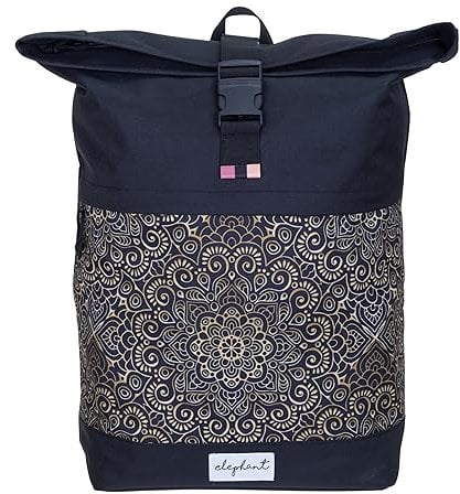 Rucksack Damen Mädchen Freizeitrucksack Sport Reise Schule DIN A4 Roll-Top mit Laptopfach Geheimfach Anti-Theft Daypack Large Flower 13038 (black ethno)