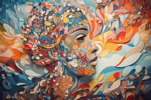 adrium Tableau de 110 x 70 cm : santé mentale, art-thérapie, concept de psychologie féminine, profil féminin couvert de fleurs colorées et (203456636)