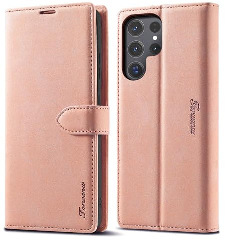 LOLFZ Hülle für Samsung Galaxy S24 Ultra 5G, Premium PU Leder Handyhülle mit Kartenfach Ständer Magnetische Schutzhülle Kompatibel mit Galaxy S24 Ultra - Rosegold