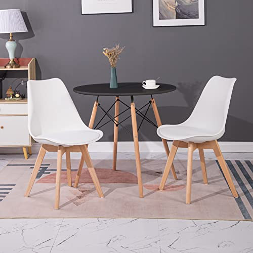 LafeuR Rund Esstisch mit 2 Stühlen Esszimmergruppe, Essgruppen für 2 Personen, 2er Set Esszimmerstühle mit Tisch für Wohnzimmer Küche Büro(Schwarz Tisch + 2 Weiß Stühle)