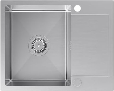 VBChome Einbauspüle Edelstahl 60x48 cm – Gebürstet, Großes Becken mit Abtropffläche, 2 Hahnlöcher, Siphon inklusive – Küchenspüle für 45 cm Unterschrank, Spülbecken für Küche