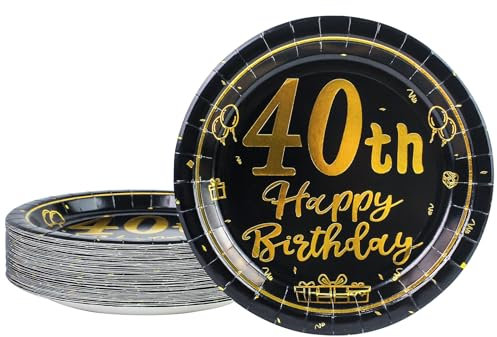 AHPYEUHK 40th Birthday Paper Plates 7 Party Dessert Plates 50 pcs Black and Gold 40th Decorations Disposable Tableware Party Supplies